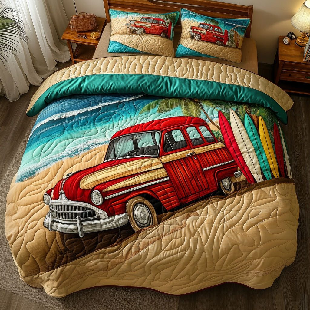 Sunny Shores quilted 3-piece bedding set on a made bed in a light coastal bedroom