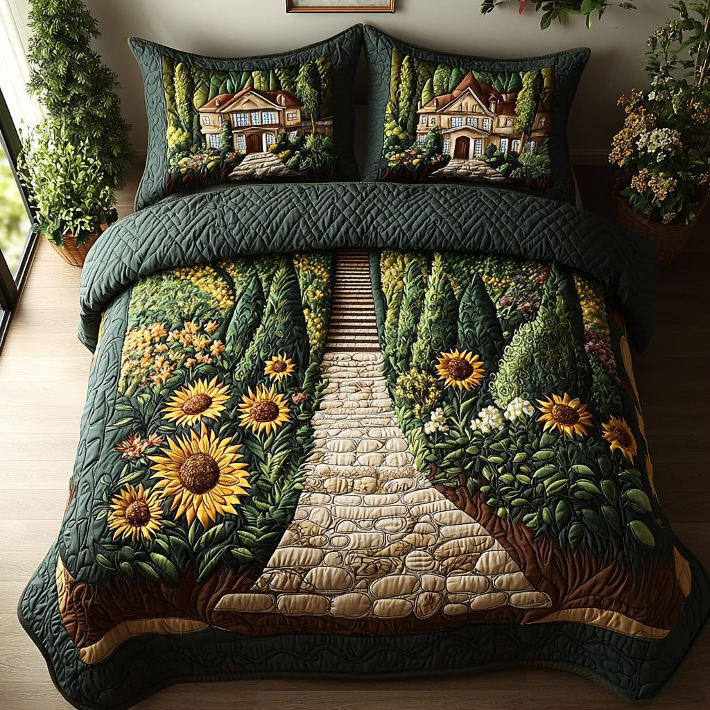 Sunny Trail quilted 3-piece bedding set on a made bed with two matching pillow shams