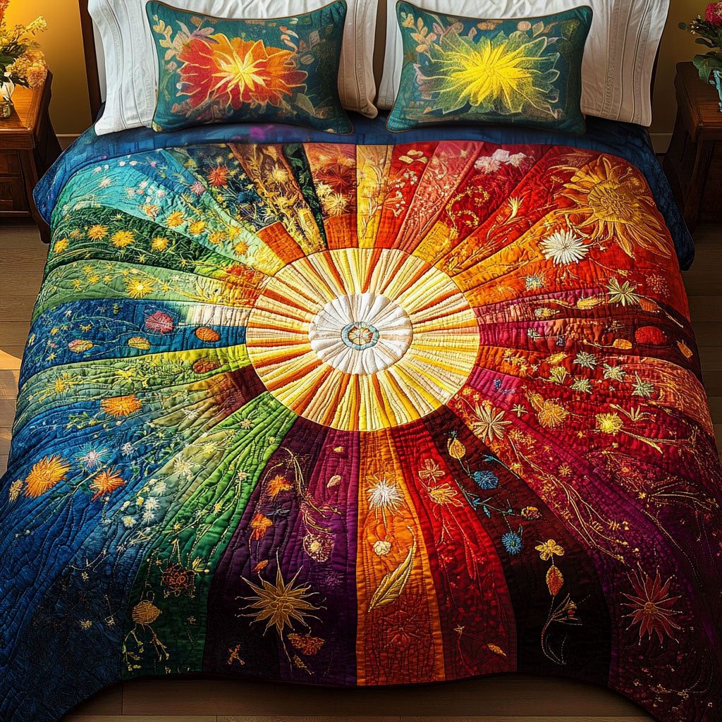 Sunny Vibes quilted 3-piece bedding set on a made bed with two matching pillow shams