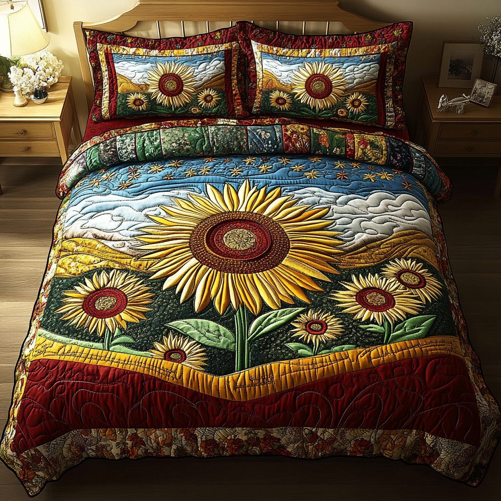 Sunny Whispers quilted 3-piece bedding set on a made bed with two matching pillow shams