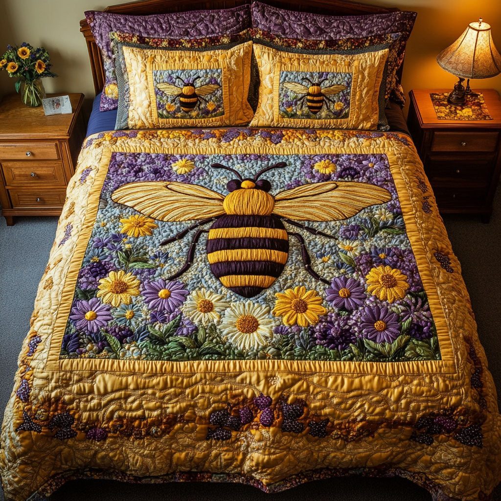 Sunray Gatherer quilted 3-piece bedding set on a made bed with two matching pillow shams