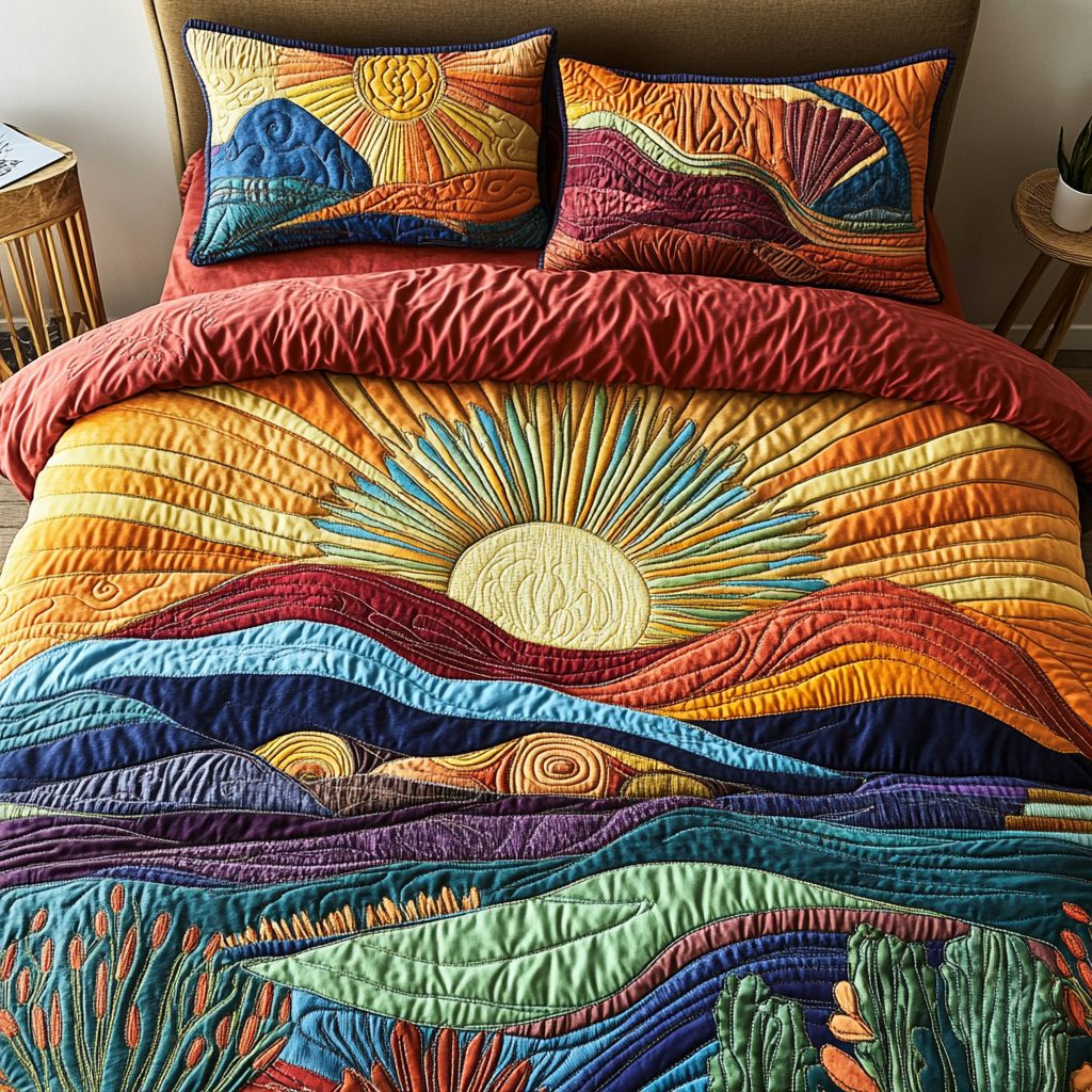 Sunrise Bliss quilted 3-piece bedding set on a made bed with two matching pillow shams