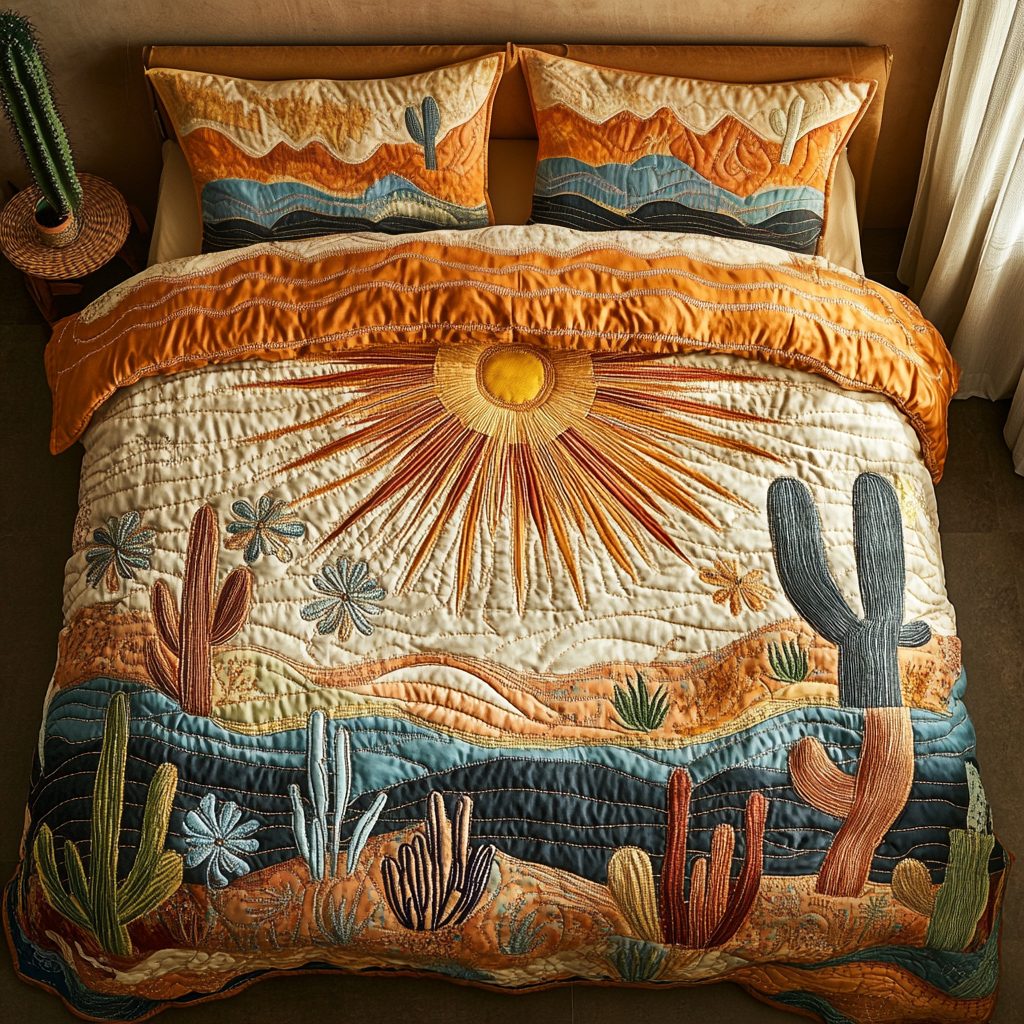 Sunrise Cactus quilted 3-piece bedding set on a made bed with two matching pillow shams