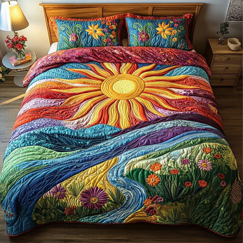 Sunrise Comfort quilted 3-piece bedding set on a made bed with two matching pillow shams