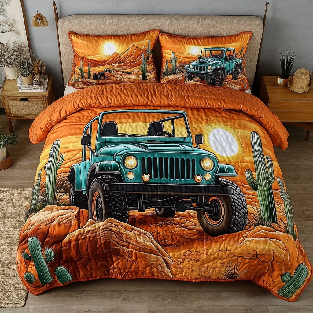Sunrise Drive quilted 3-piece bedding set on a made bed with two matching pillow shams