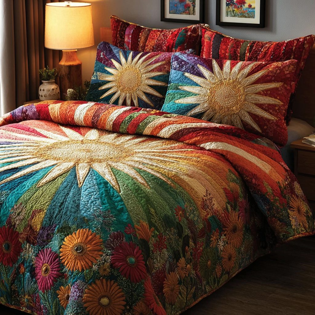 Sunrise Field quilted 3-piece bedding set on a made bed with two matching pillow shams