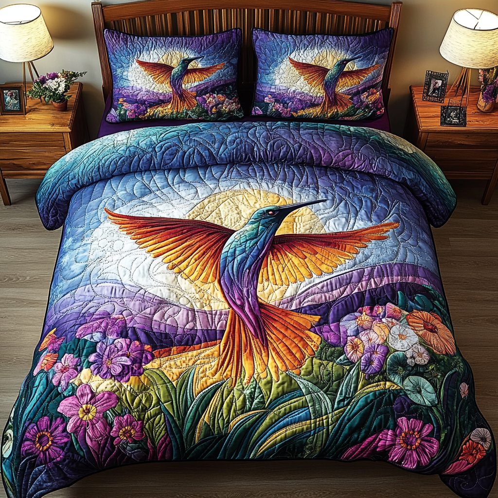 Sunrise Flight Harmony quilted 3-piece bedding set on a made bed with two matching pillow shams