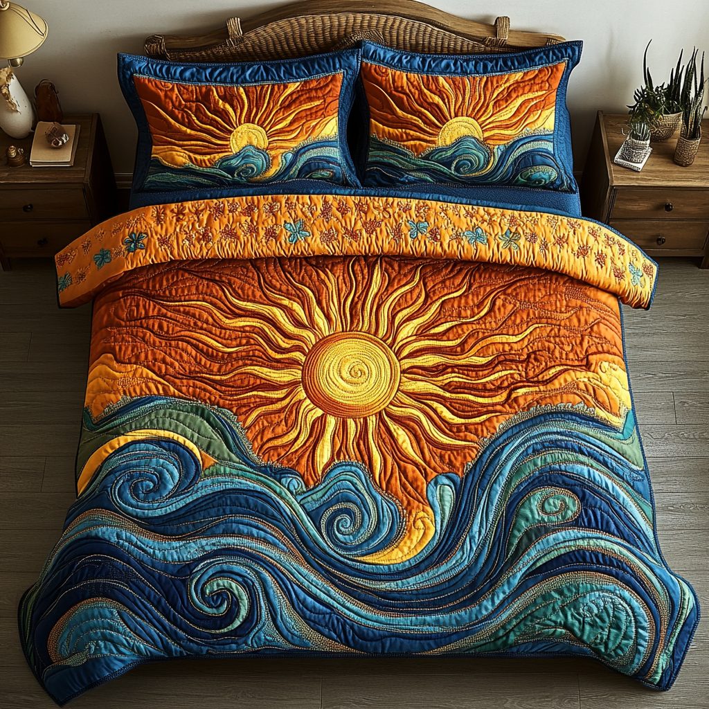 Sunrise Horizon quilted 3-piece bedding set on a made bed with two matching pillow shams