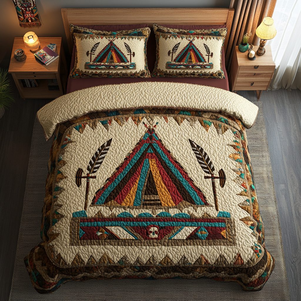 Sunrise Horizon quilted 3-piece bedding set on a made bed with two matching pillow shams