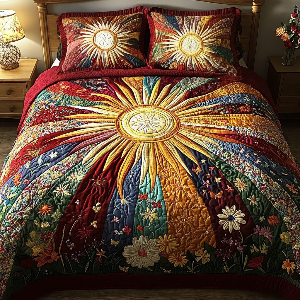 Sunrise Meadow quilted 3-piece bedding set on a made bed with two matching pillow shams