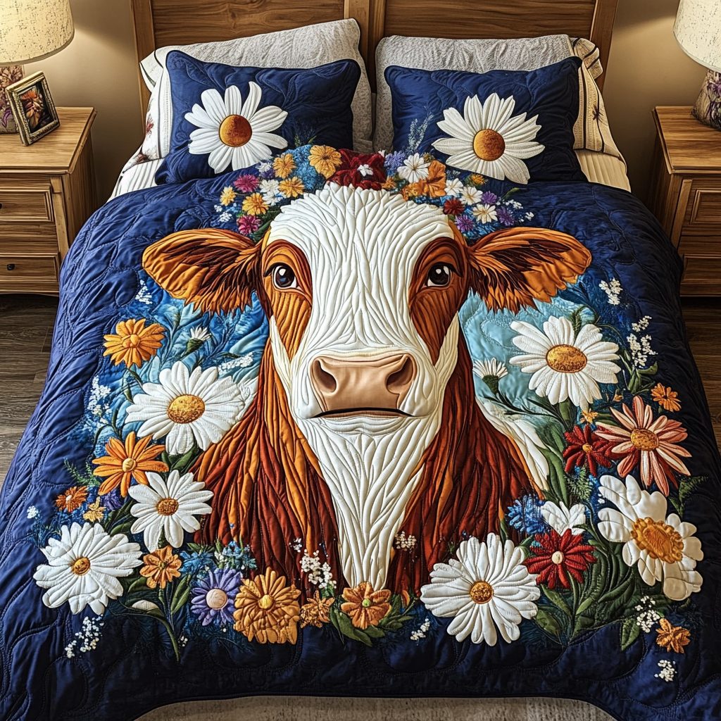 Sunrise Pastures quilted 3-piece bedding set on a made bed with two matching pillow shams