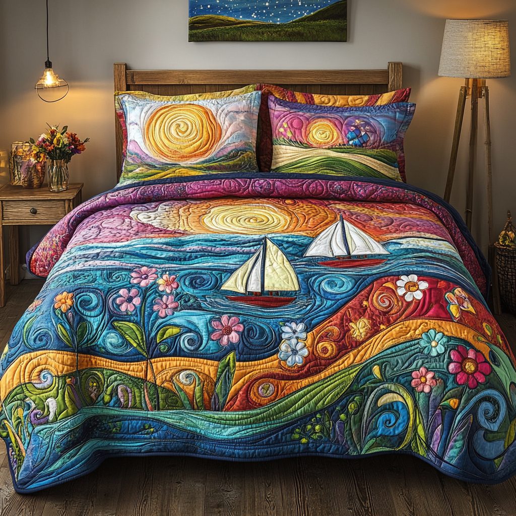 Sunrise Sailing Bliss quilted 3-piece bedding set on a made bed in a light coastal bedroom