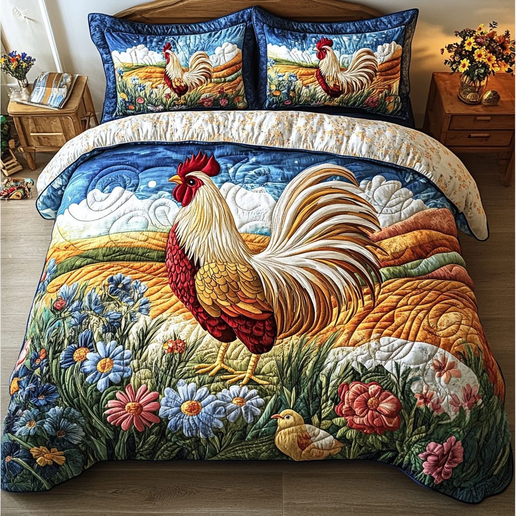 Sunrise Serenade quilted 3-piece bedding set on a made bed with two matching pillow shams