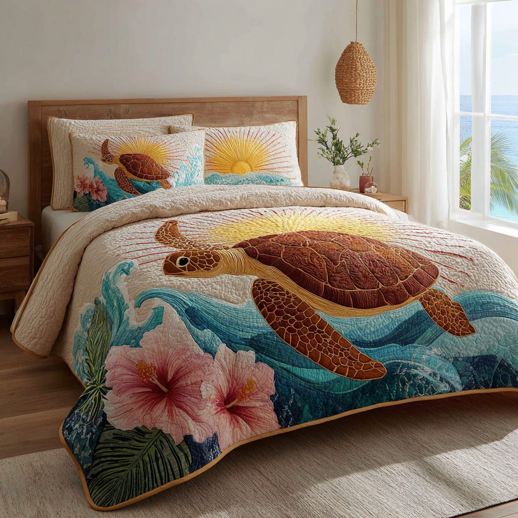 Sunrise Turtle quilted 3-piece bedding set on a made bed in a light coastal bedroom