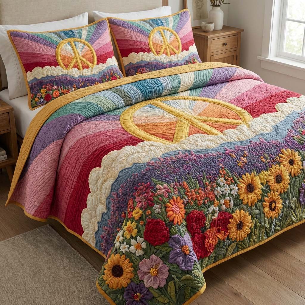 Sunrise Unity quilted 3-piece bedding set on a made bed with two matching pillow shams