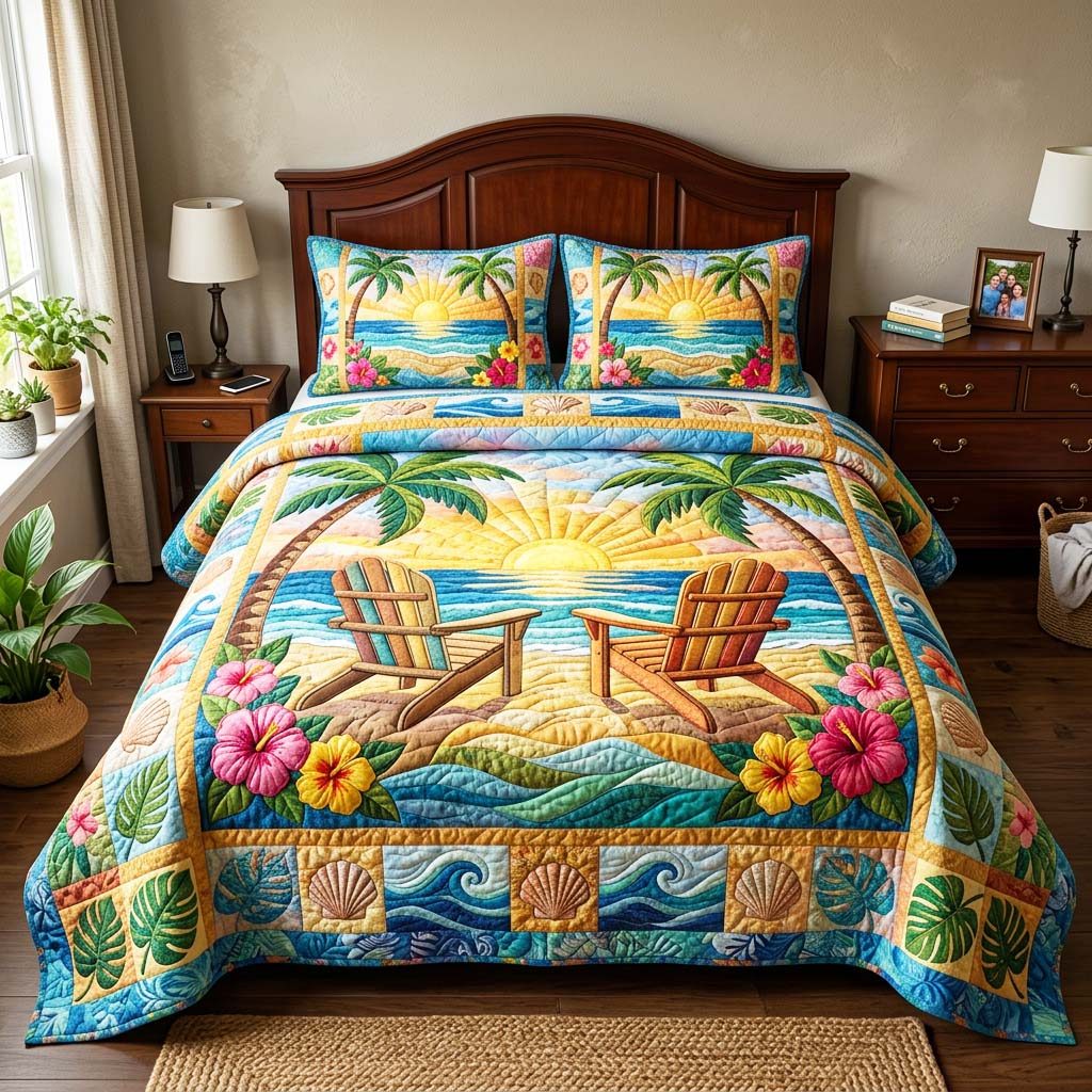 Sunset Beach quilted 3-piece bedding set on a made bed in a light coastal bedroom