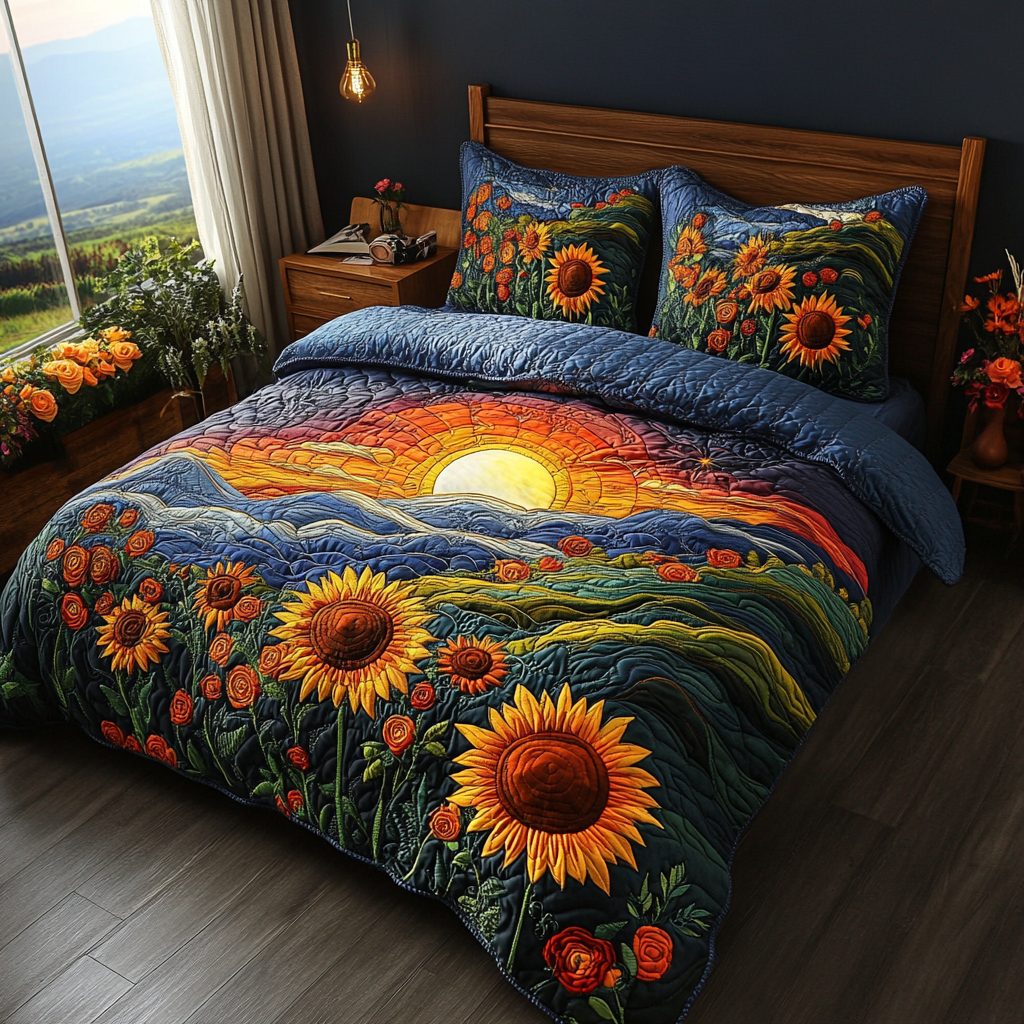 Sunset Bloom quilted 3-piece bedding set on a made bed with two matching pillow shams