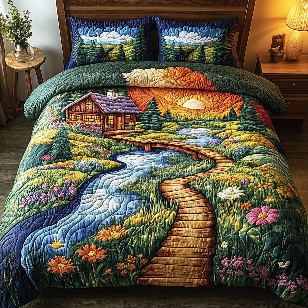 Sunset Cabin quilted 3-piece bedding set on a made bed with two matching pillow shams
