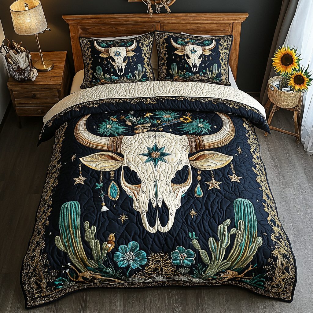 Sunset Cactus quilted 3-piece bedding set on a made bed with two matching pillow shams