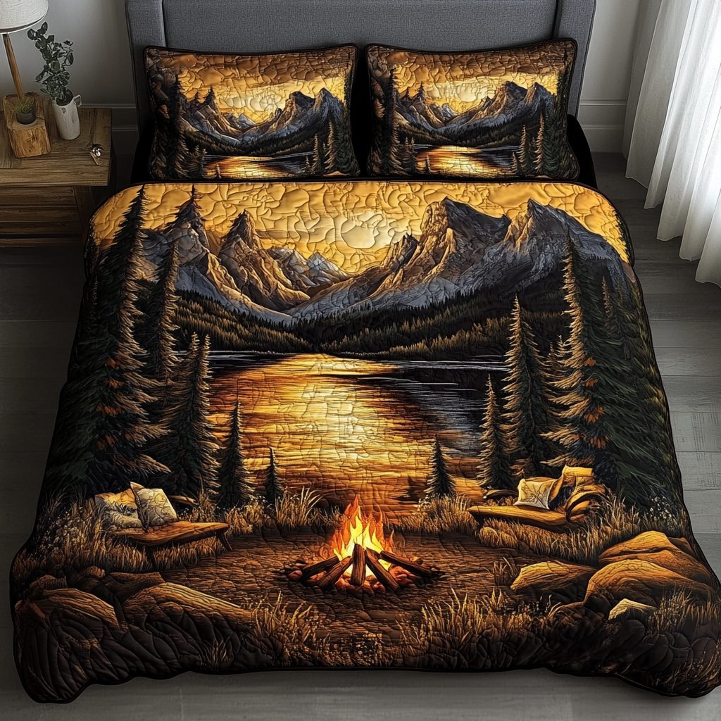 Sunset Camp quilted 3-piece bedding set on a made bed with two matching pillow shams