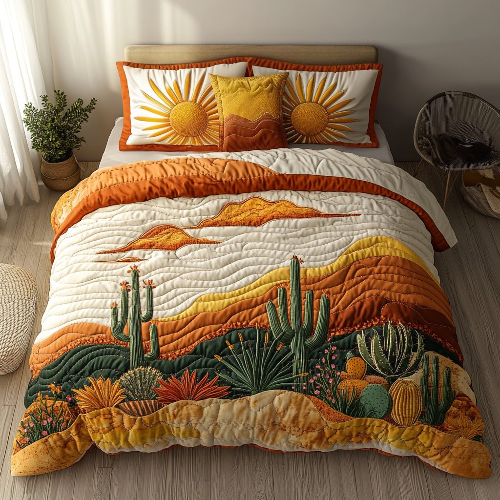 Sunset Canyon quilted 3-piece bedding set on a made bed with two matching pillow shams