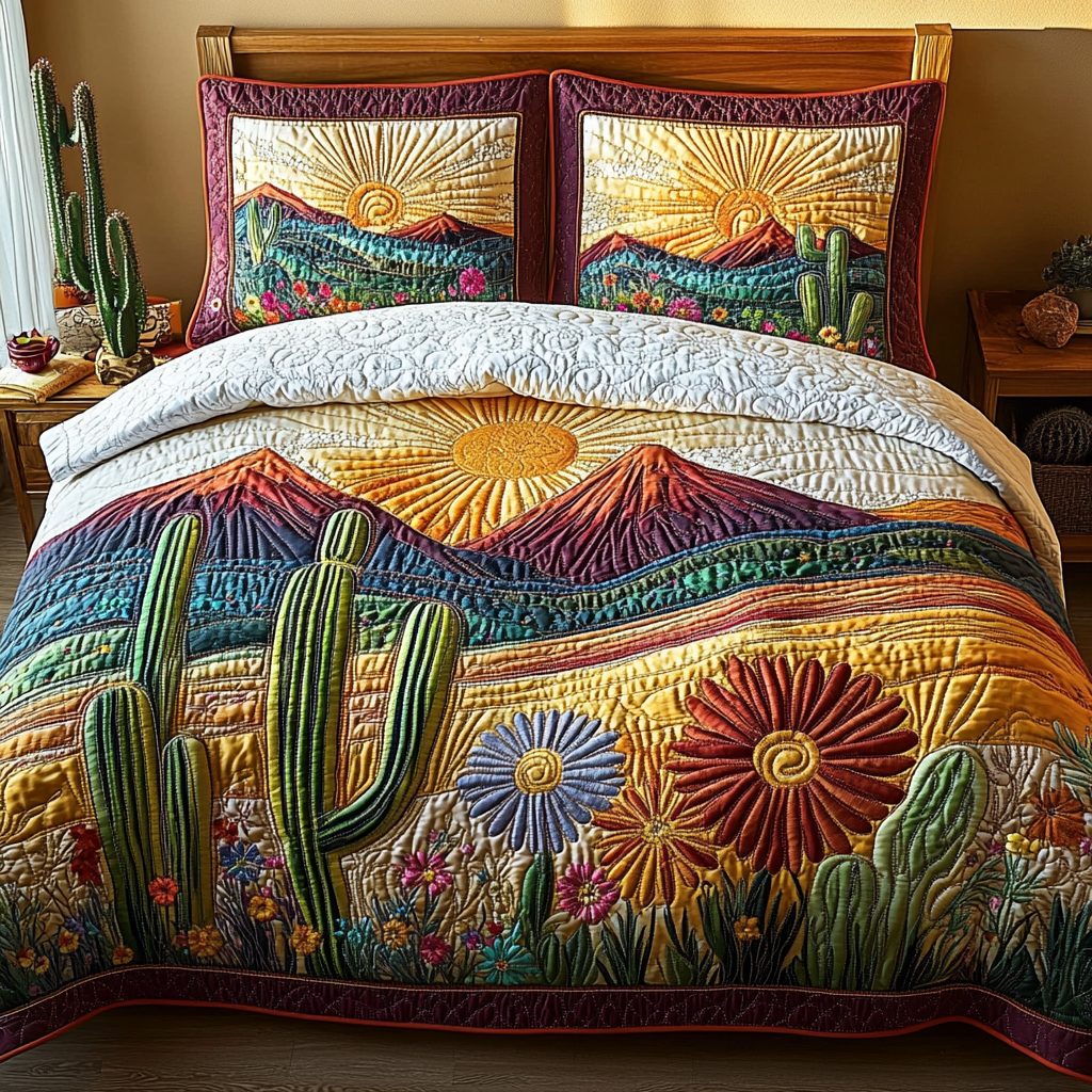 Sunset Canyon quilted 3-piece bedding set on a made bed with two matching pillow shams