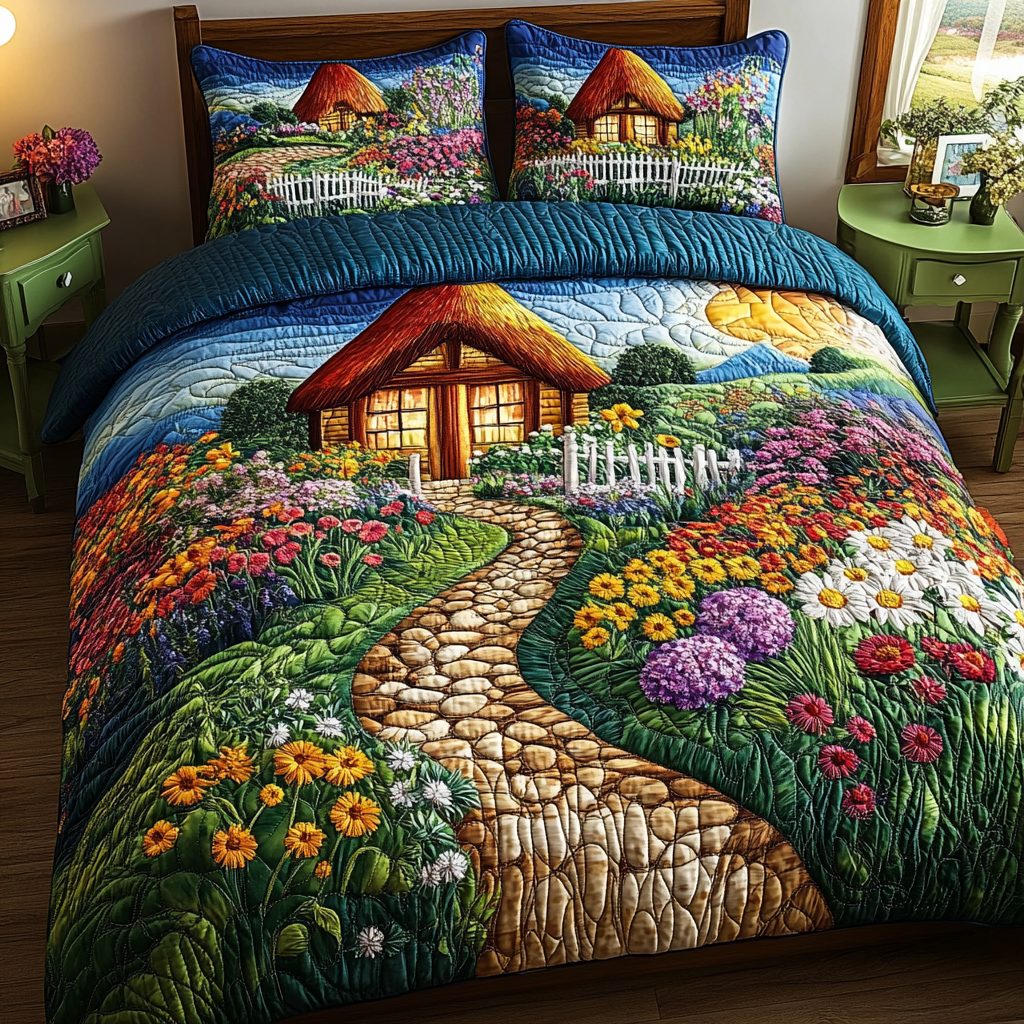 Sunset Cottage quilted 3-piece bedding set on a made bed in a farmhouse bedroom