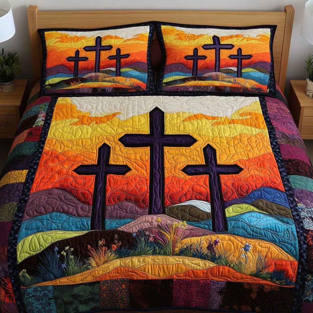 Sunset Crosses quilted 3-piece bedding set on a made bed in a softly lit bedroom