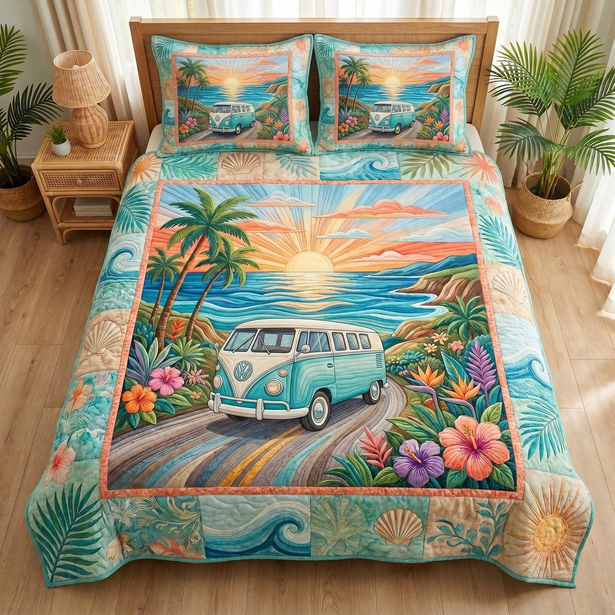 Sunset Cruiser quilted 3-piece bedding set on a made bed with two matching pillow shams