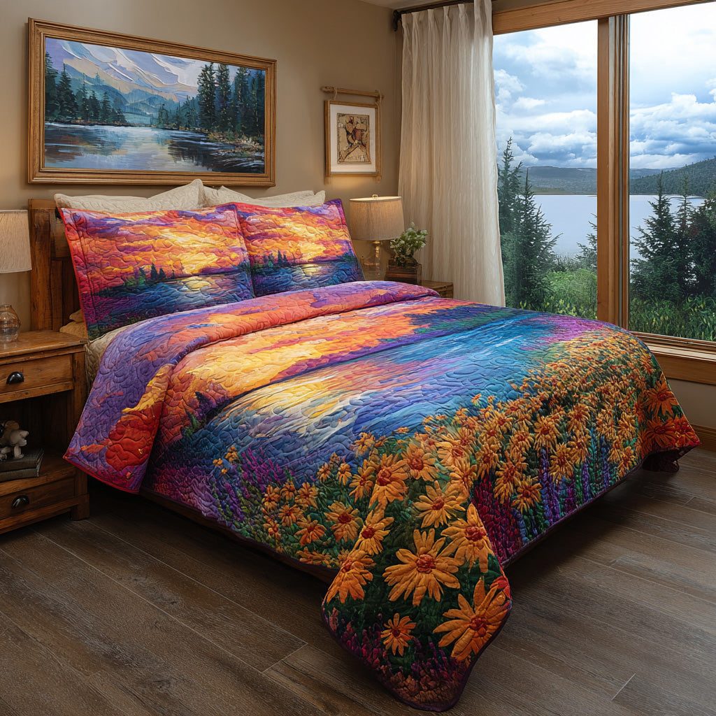 Sunset Daisy Field quilted 3-piece bedding set on a made bed with two matching pillow shams