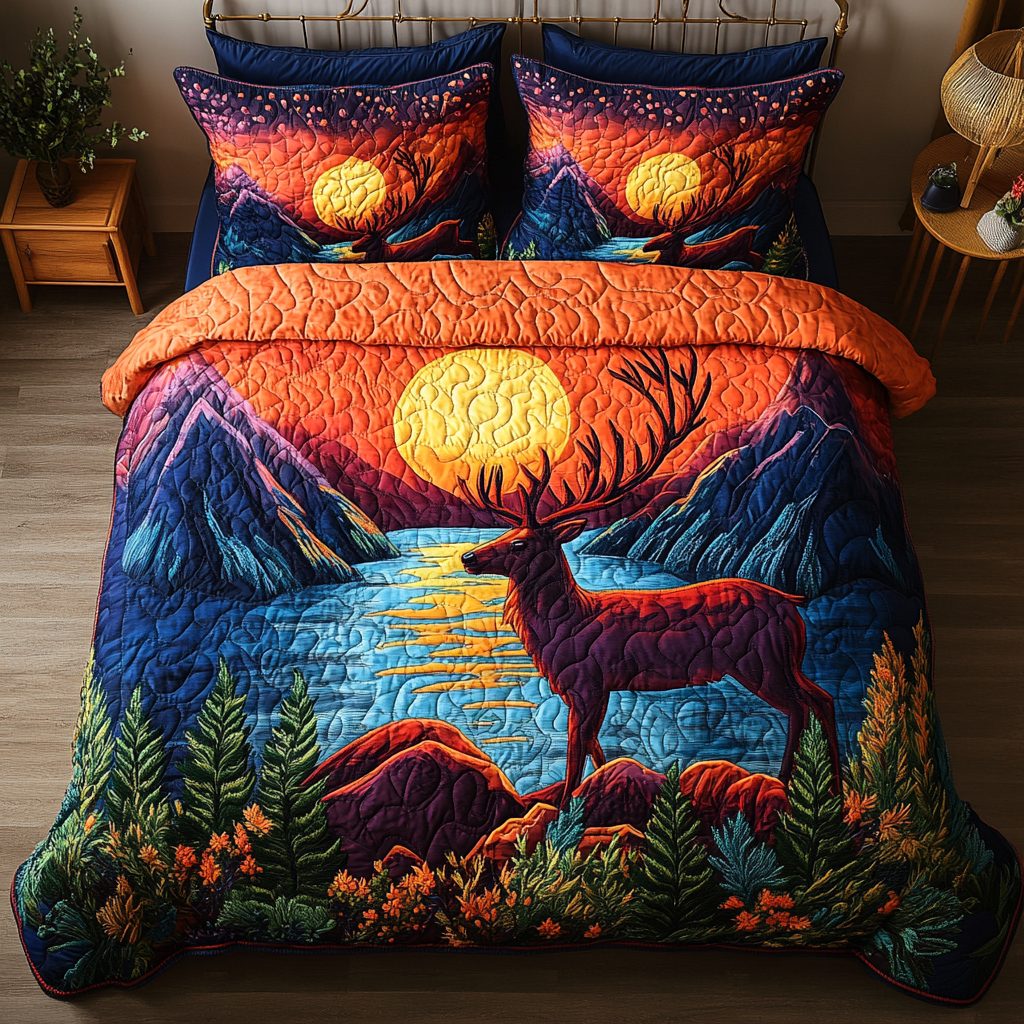 Sunset Elk quilted 3-piece bedding set on a made bed with two matching pillow shams