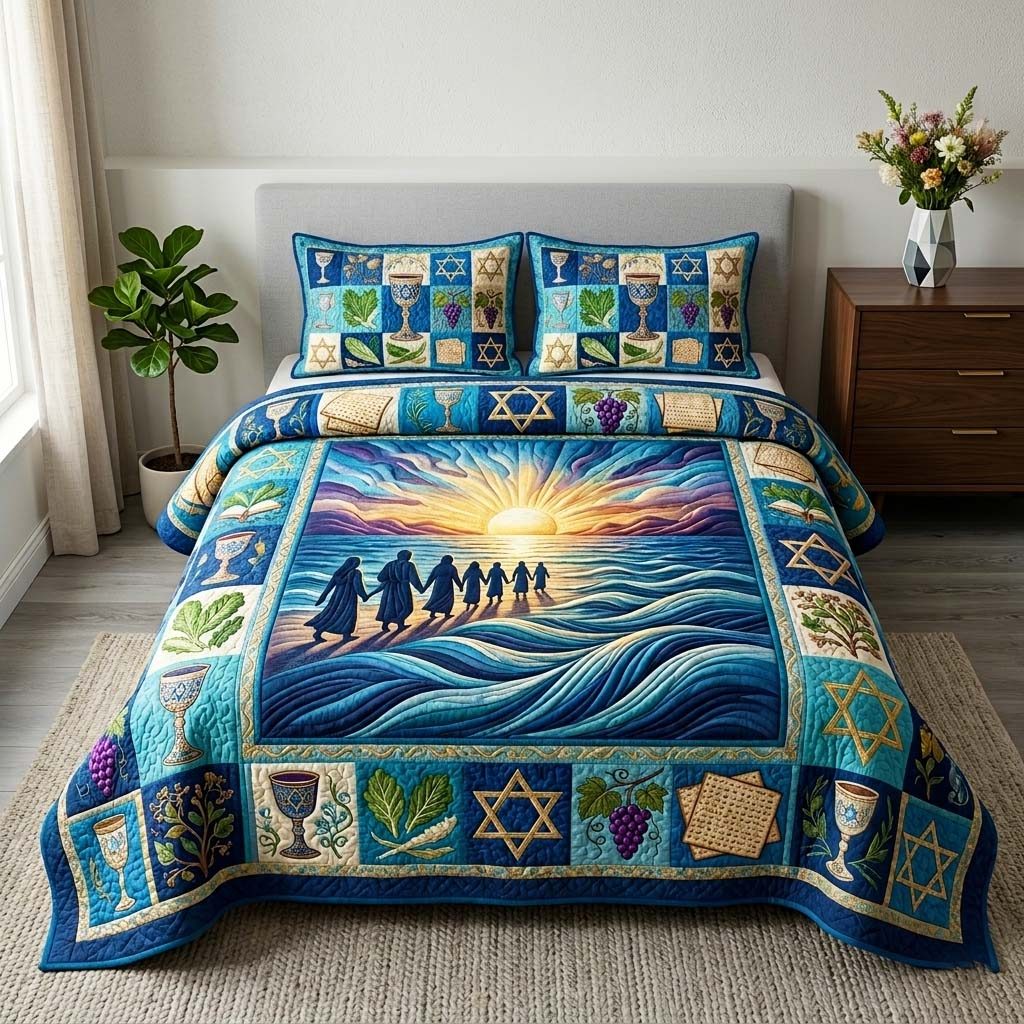 Sunset Exodus quilted 3-piece bedding set on a made bed with two matching pillow shams