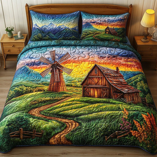 Sunset Hills quilted 3-piece bedding set on a made bed with two matching pillow shams