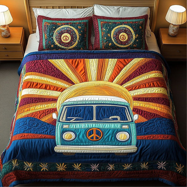 Sunset Hippie Bus quilted 3-piece bedding set on a made bed with two matching pillow shams
