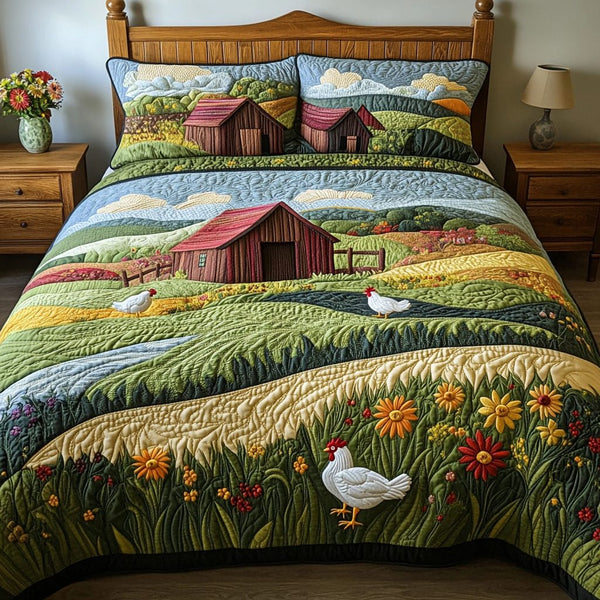 Sunset Homestead quilted 3-piece bedding set on a made bed in a rustic timber bedroom