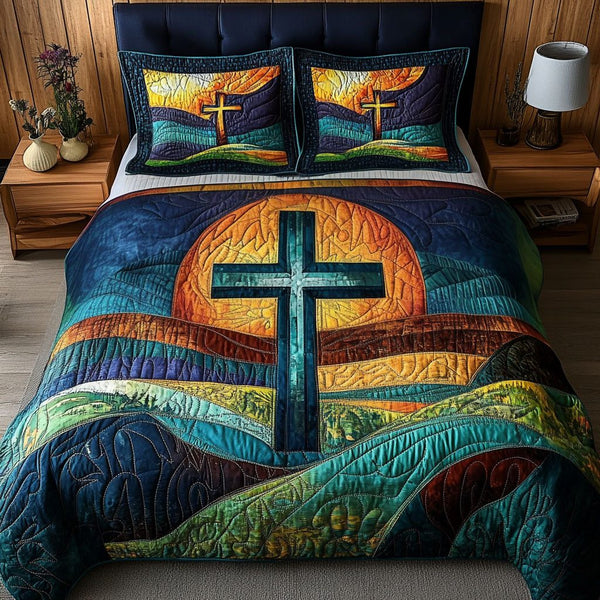 Sunset Horizon Cross quilted 3-piece bedding set on a made bed in a softly lit bedroom