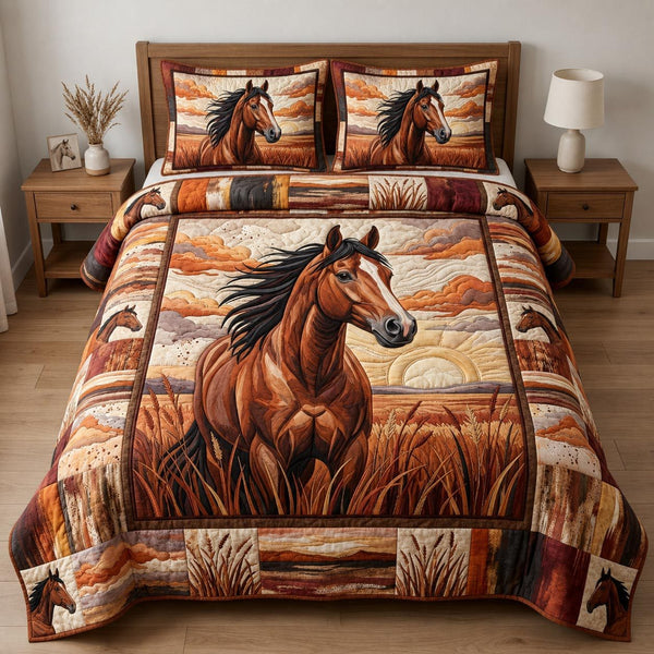 Sunset Horse quilted 3-piece bedding set on a made bed in a rustic timber bedroom