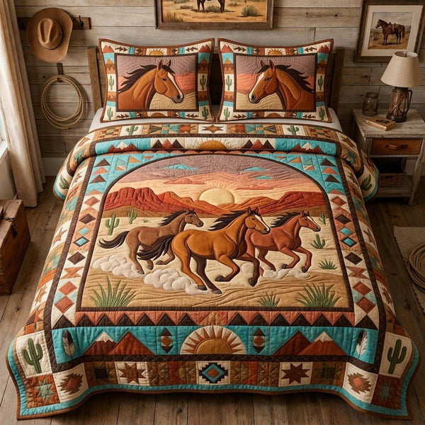 Sunset Horse Trail quilted 3-piece bedding set on a made bed in a rustic timber bedroom