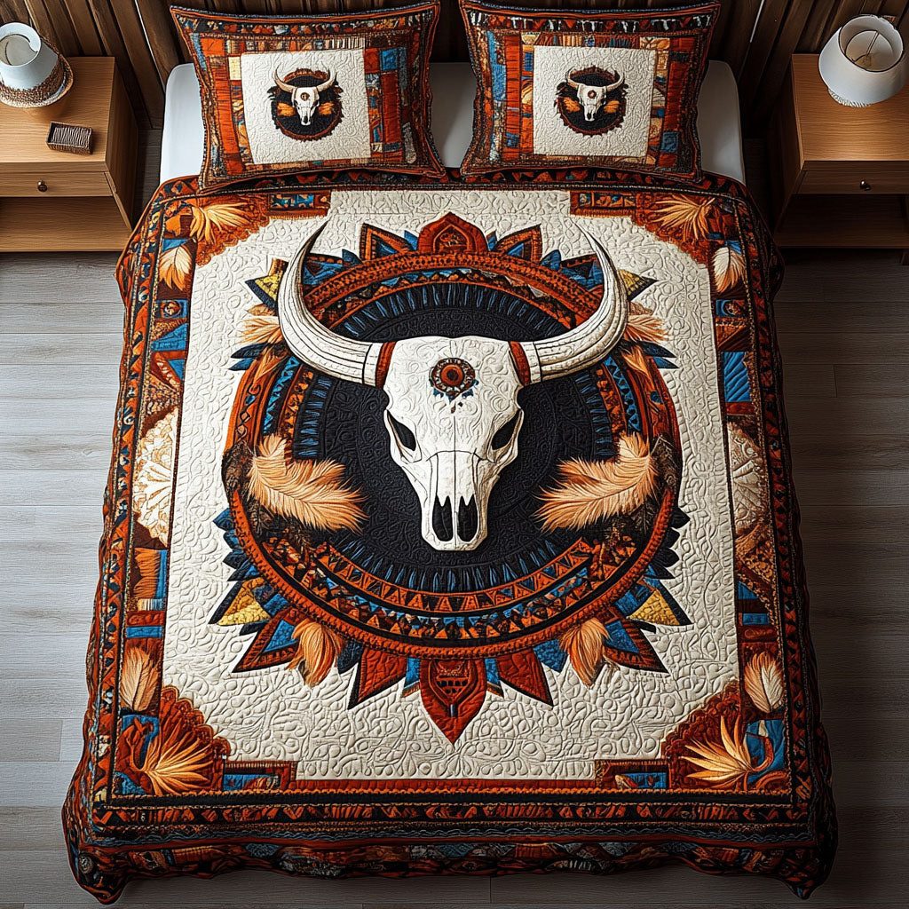 Sunset Mesa quilted 3-piece bedding set on a made bed with two matching pillow shams