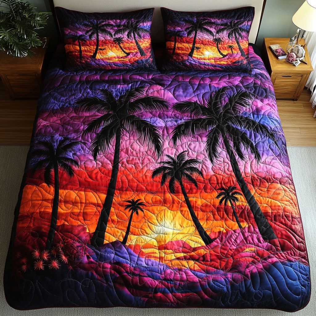 Sunset Palms quilted 3-piece bedding set on a made bed with two matching pillow shams