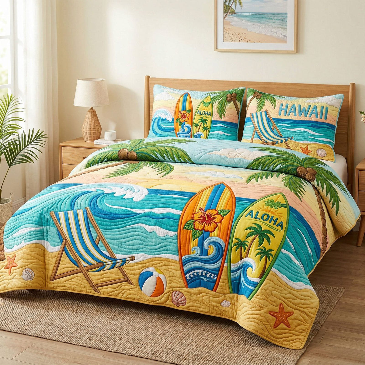 Sunset Paradise quilted 3-piece bedding set on a made bed with two matching pillow shams