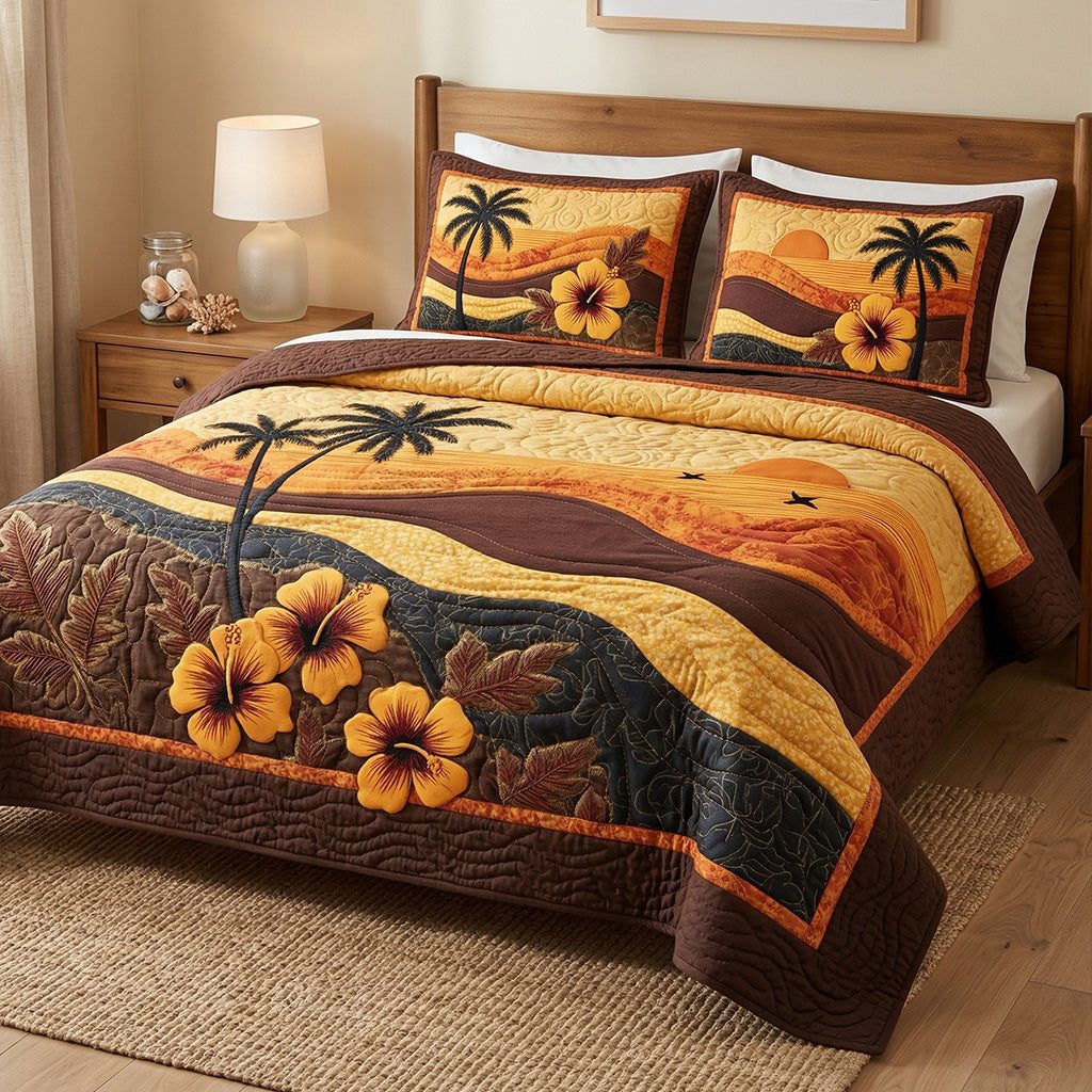Sunset Paradise quilted 3-piece bedding set on a made bed with two matching pillow shams