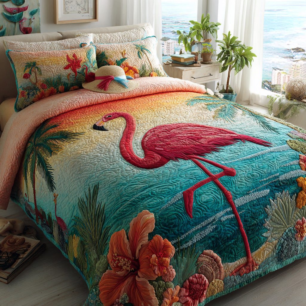 Sunset Paradise quilted 3-piece bedding set on a made bed with two matching pillow shams
