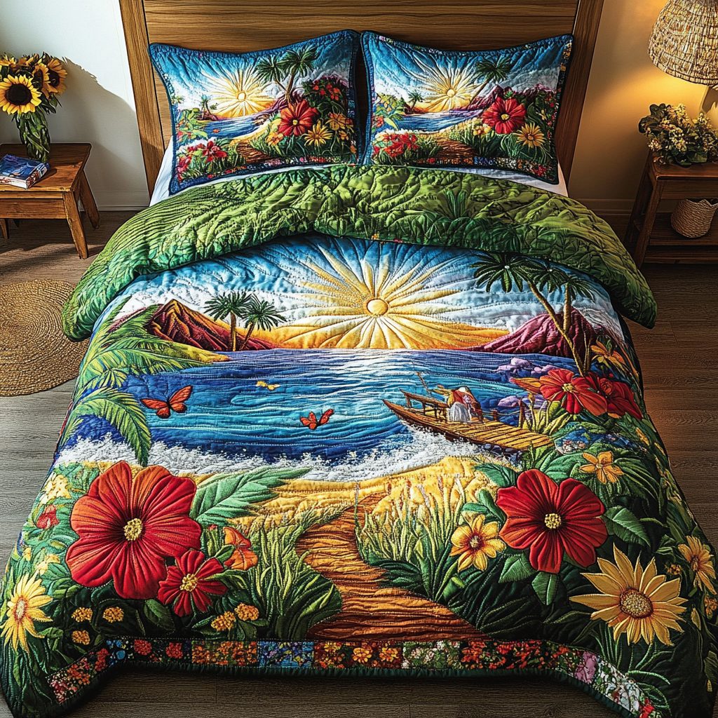 Sunset Pathway quilted 3-piece bedding set on a made bed with two matching pillow shams