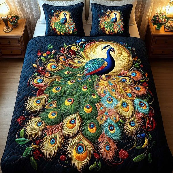 Sunset Plume Charm quilted 3-piece bedding set on a made bed with two matching pillow shams