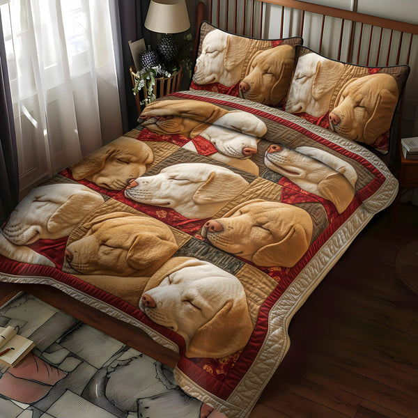 Sunset Retriever quilted 3-piece bedding set on a made bed with two matching pillow shams
