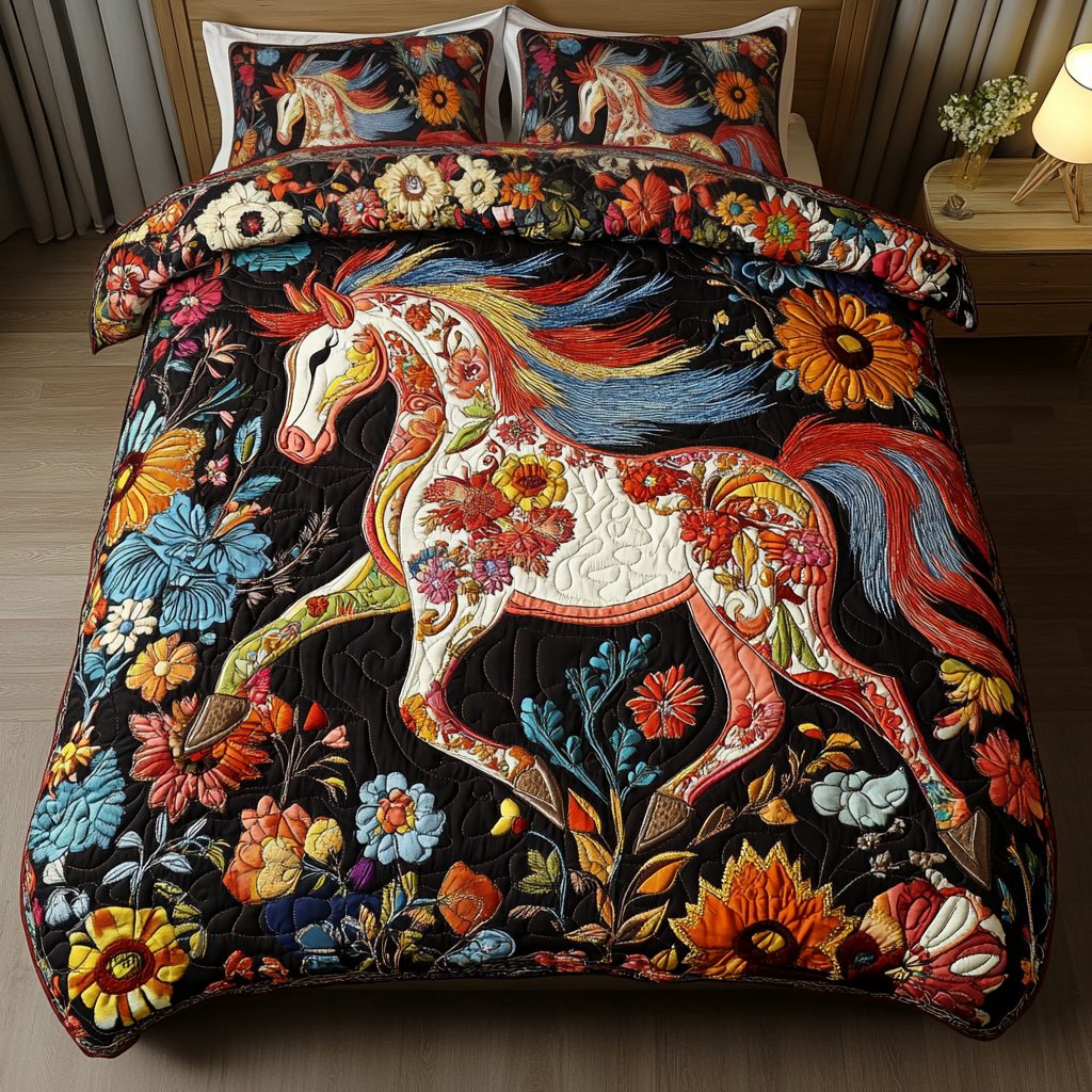 Sunset Rider quilted 3-piece bedding set on a made bed with two matching pillow shams