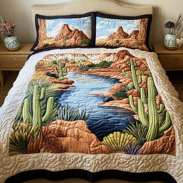 Sunset Ridge quilted 3-piece bedding set on a made bed with two matching pillow shams