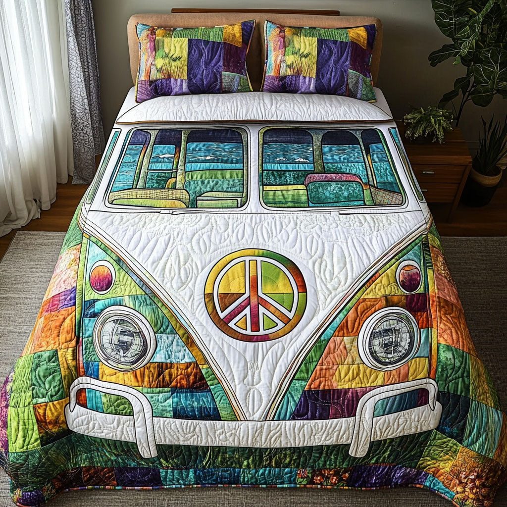 Sunset Road Trip quilted 3-piece bedding set on a made bed with two matching pillow shams