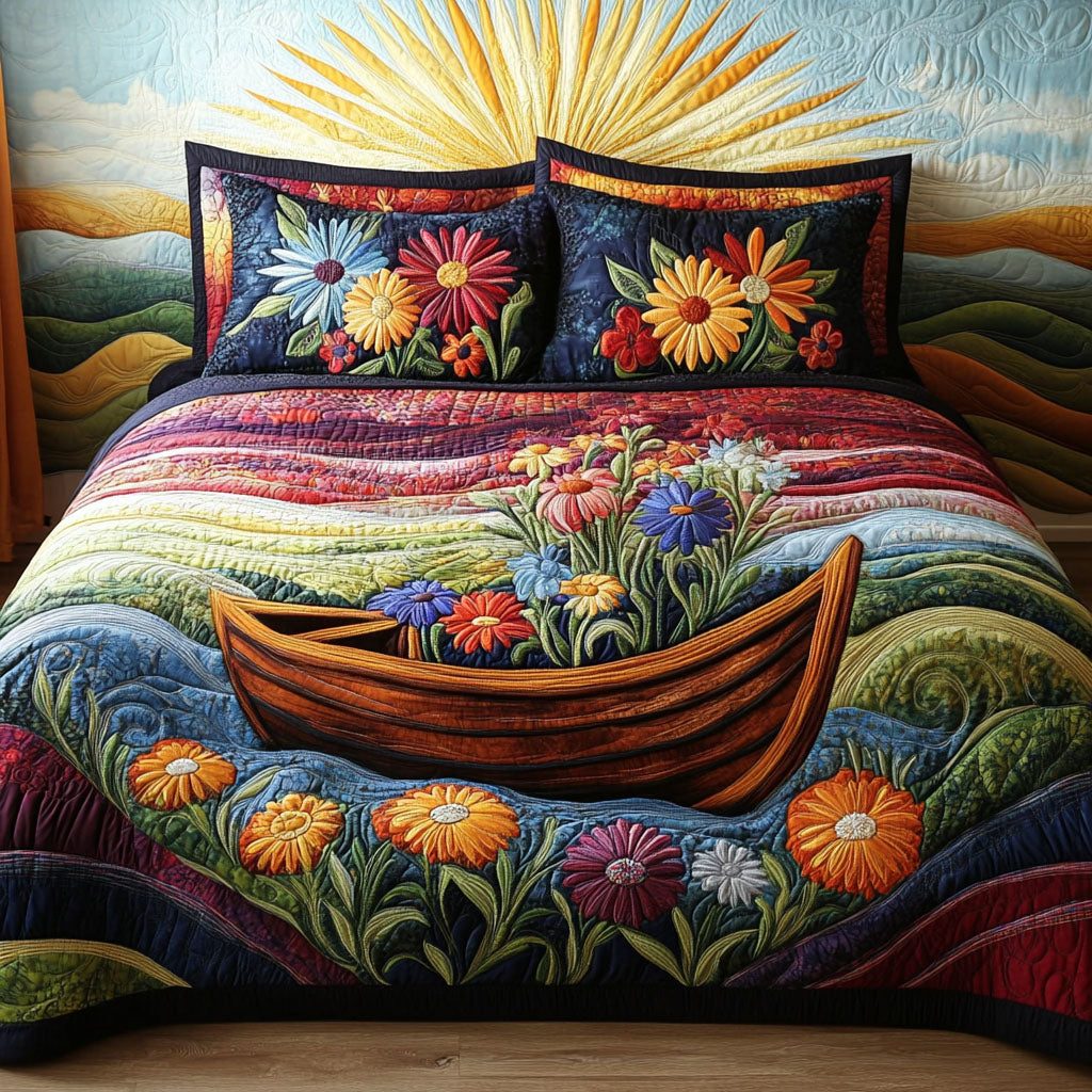 Sunset Rowboat quilted 3-piece bedding set on a made bed with two matching pillow shams